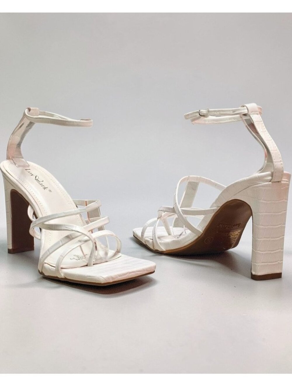 White Croc Embossed Strappy Square Toe Block Heel Ankle Strap Sandals